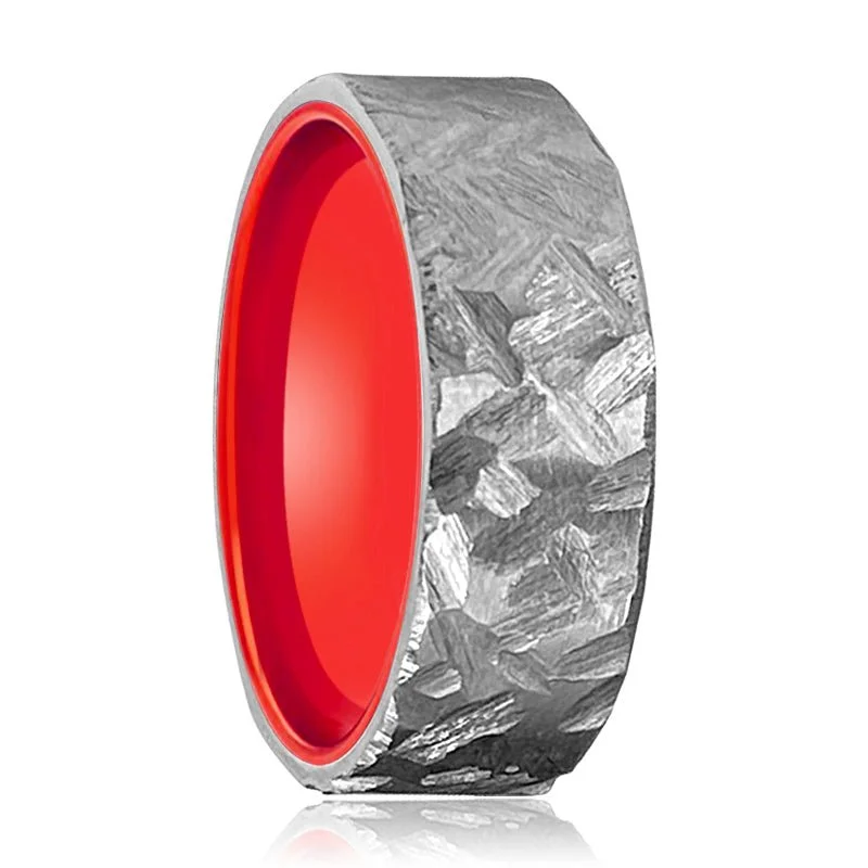 Women’s cocktail ring-AUTUMN | Red Ring, Silver Titanium Ring, Hammered, Flat