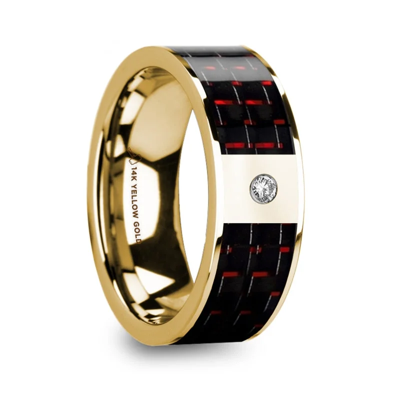 Women’s diamond engagement rings for less-14k Yellow Gold & Diamond Men's Wedding Band with Black & Red Carbon Fiber Inlay