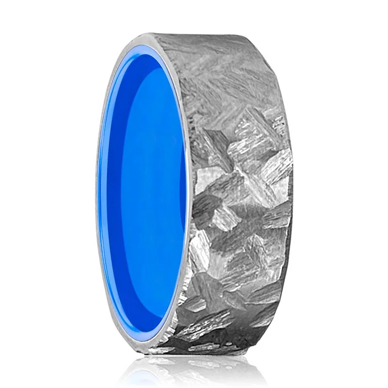 Women’s wide band ring-BIGBLUE | Blue Ring, Silver Titanium Ring, Hammered, Flat