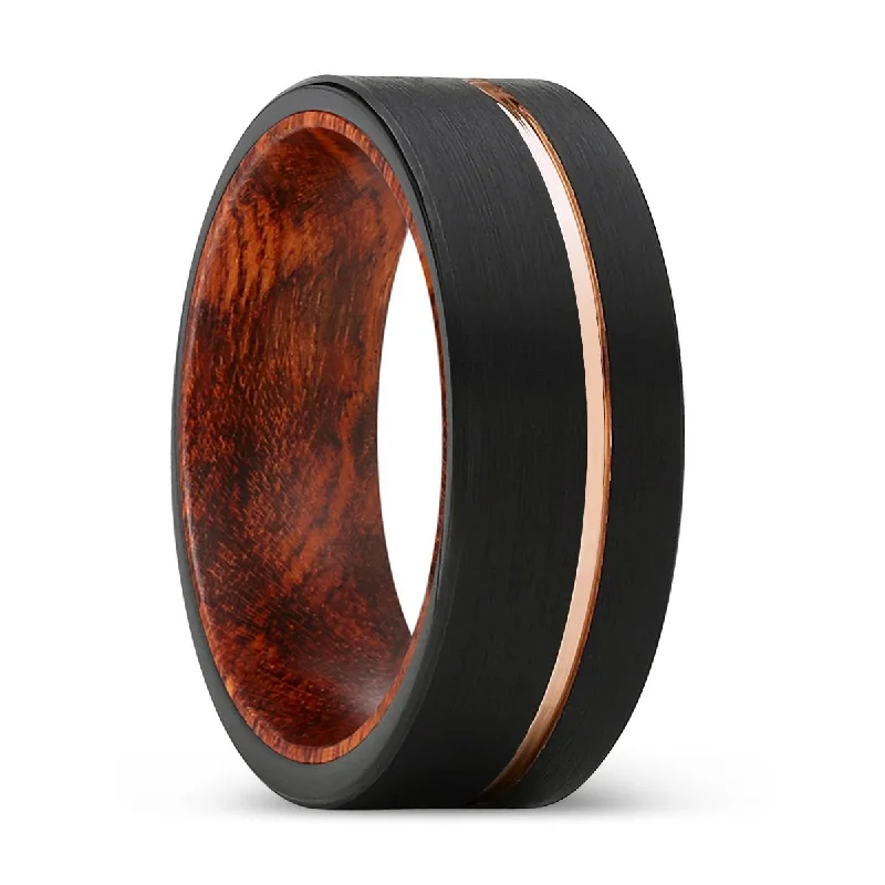 Women’s oval ring-ROAMER | Snake Wood, Black Tungsten Ring, Rose Gold Offset Groove, Brushed, Flat