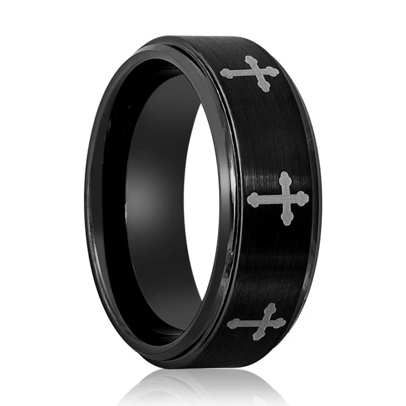 Women’s rose gold ring-IRONLANCE | Tungsten Ring 8 Laser Engraved Crosses