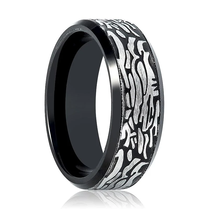 Women’s zirconia ring-ROCKFORGE | Black Tungsten Ring, Laser Carved Rock Art Pattern, Beveled