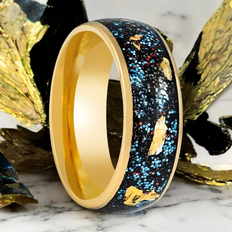 Women’s vibrant gemstone ring-GLITSEA | Gold Tungsten Ring, Blue Green Glitter and Gold Foil Inlay, Domed