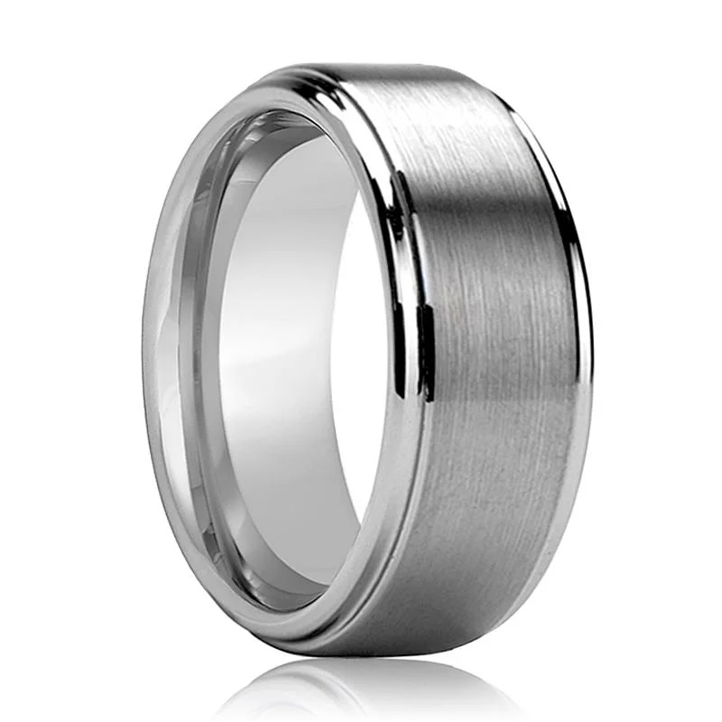 Women’s alternative ring-MARVEL | Silver Tungsten Ring, Brushed, Stepped Edge