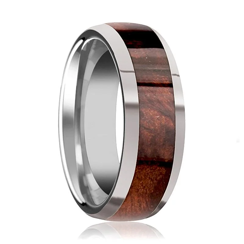 Women’s marquise ring-GROVE | Silver Tungsten Ring, Red Wood Inlay, Domed