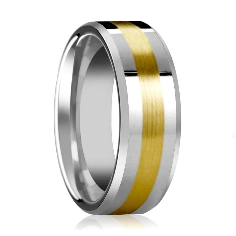 Women’s channel set ring-LEGIONAIRE | Silver Tungsten Ring, 14k Yellow Gold Stripe Inlay, Beveled