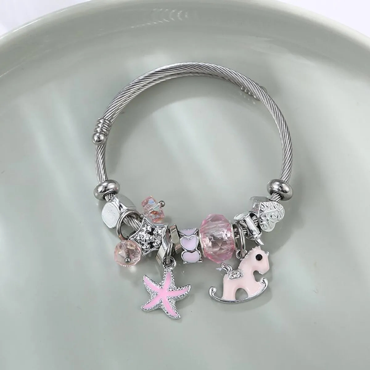 Women’s spiritual bracelet-Sweet Starfish Heart Shape Stainless Steel Inlay Artificial Gemstones Bangle