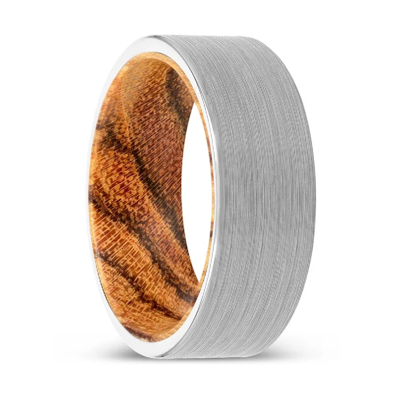 Women’s minimalist ring-WALLACE | Bocote Wood, White Tungsten Ring, Brushed, Flat