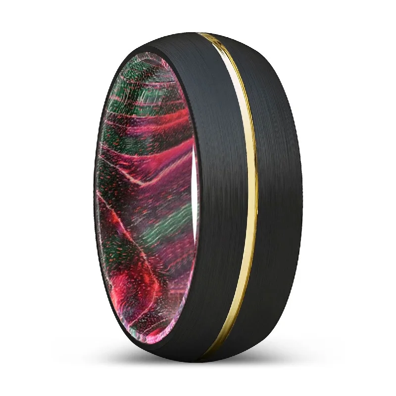 Women’s birthstone ring-DEFIANT | Green & Red Wood, Black Tungsten Ring, Gold Groove, Domed