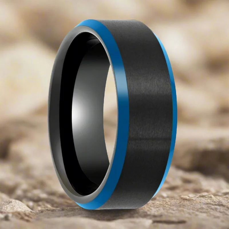 Women’s intricate design ring-ROLFE | Black Tungsten Ring, Blue Beveled Edge