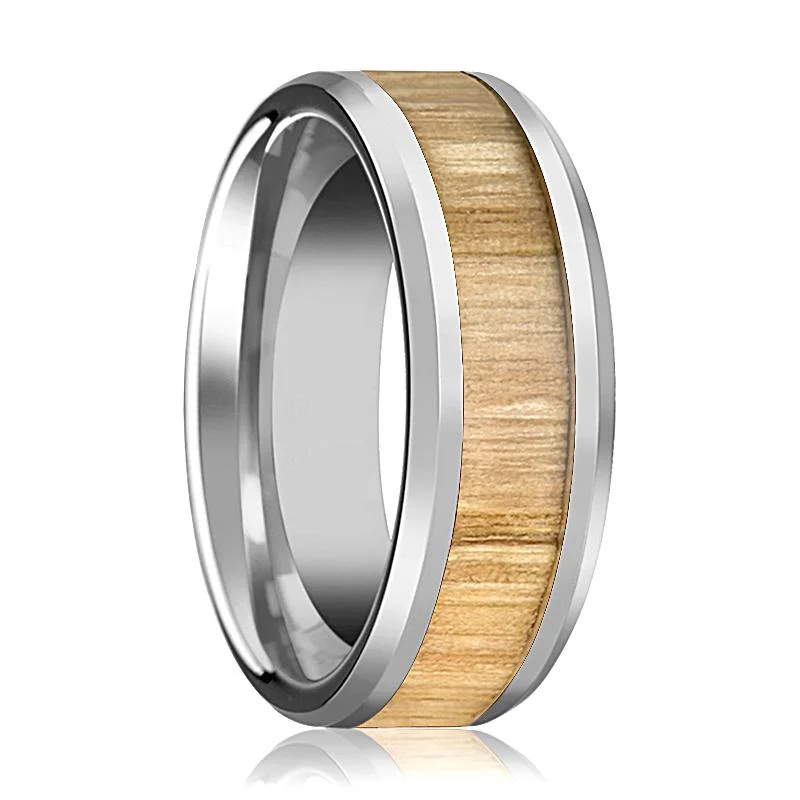 Women’s adjustable ring-SAMARA | Silver Tungsten Ring, Ash Wood Inlay, Beveled