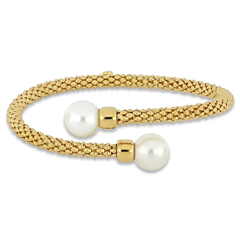 Women’s chain bracelet-Miadora 11-12mm Cultured Freshwater Edison Pearl Popcorn Overlap Bangle in Yellow Silver-8.5 in