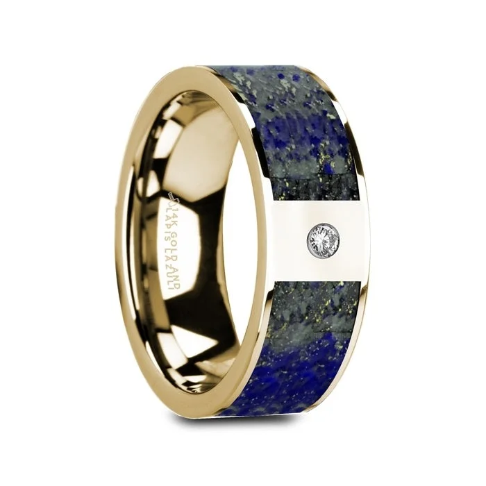 Women’s vintage-inspired engagement rings-14k Yellow Gold Men's Wedding Band with Blue Lapis Lazuli Inlay & Diamond