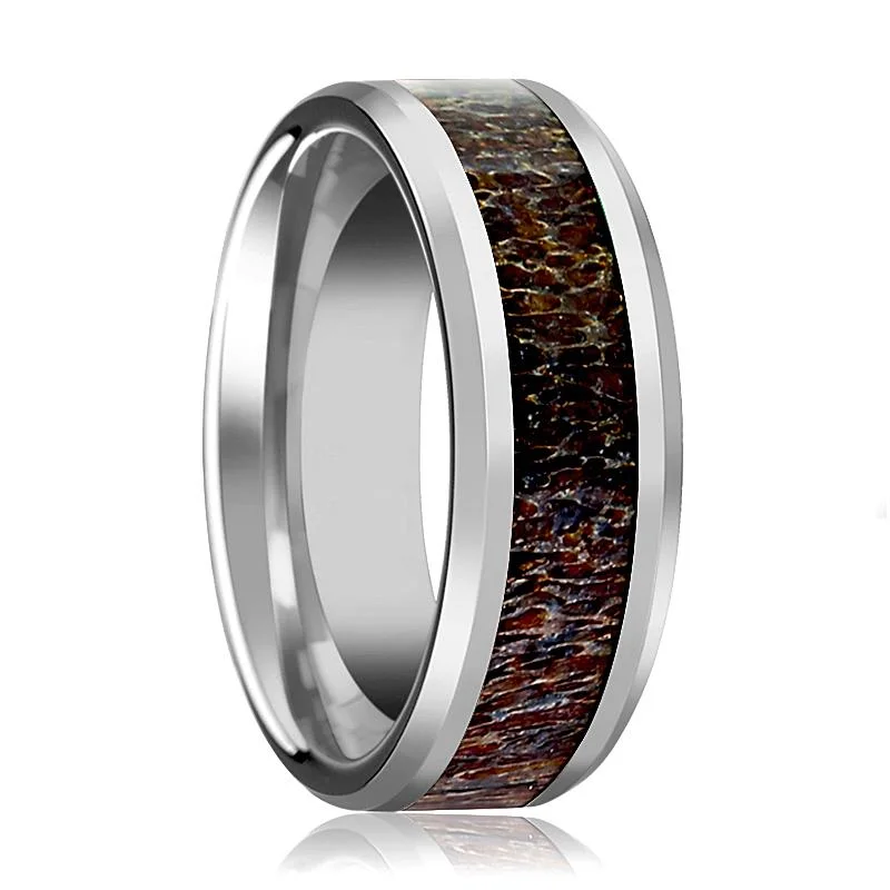 Women’s two-tone ring-FAWN | Silver Tungsten Ring, Dark Brown Antler Inlay, Beveled