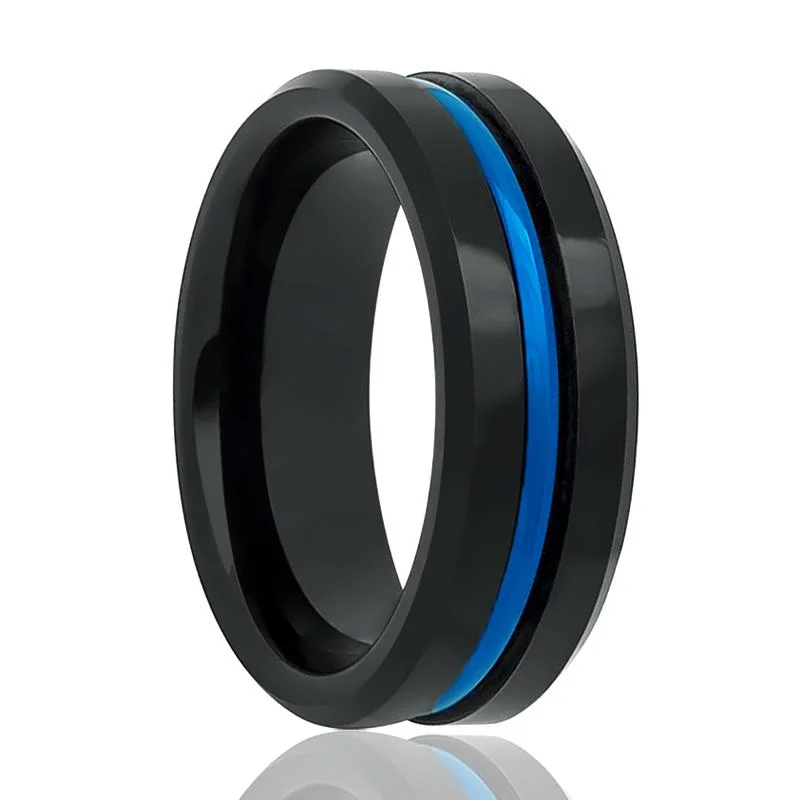 Women’s personalized ring-NORWAY | Black Tungsten Ring, High Polished, Blue Groove, Beveled