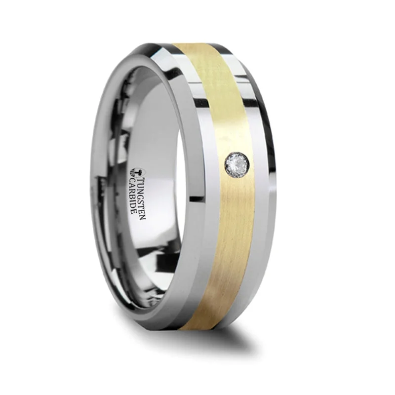 Women’s engagement rings with diamonds-Tungsten Men's Wedding Band with 14k Yellow Gold Inlay & Diamond