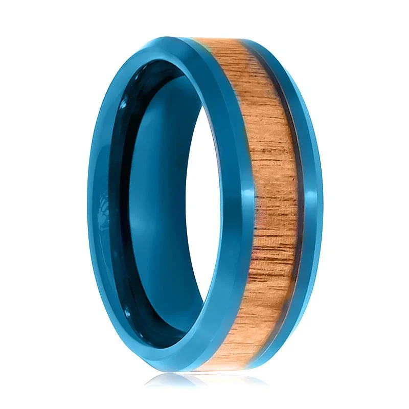 Women’s emerald and diamond ring-TROPICUS | Blue Tungsten Ring, Koa Wood Inlay, Beveled Edge