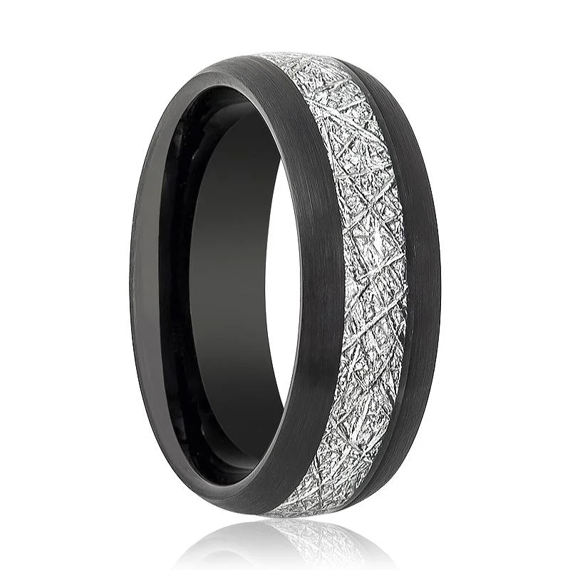 Women’s simple gold ring-FERMI | Black Tungsten Ring, Imitation Meteorite Inlay, Domed