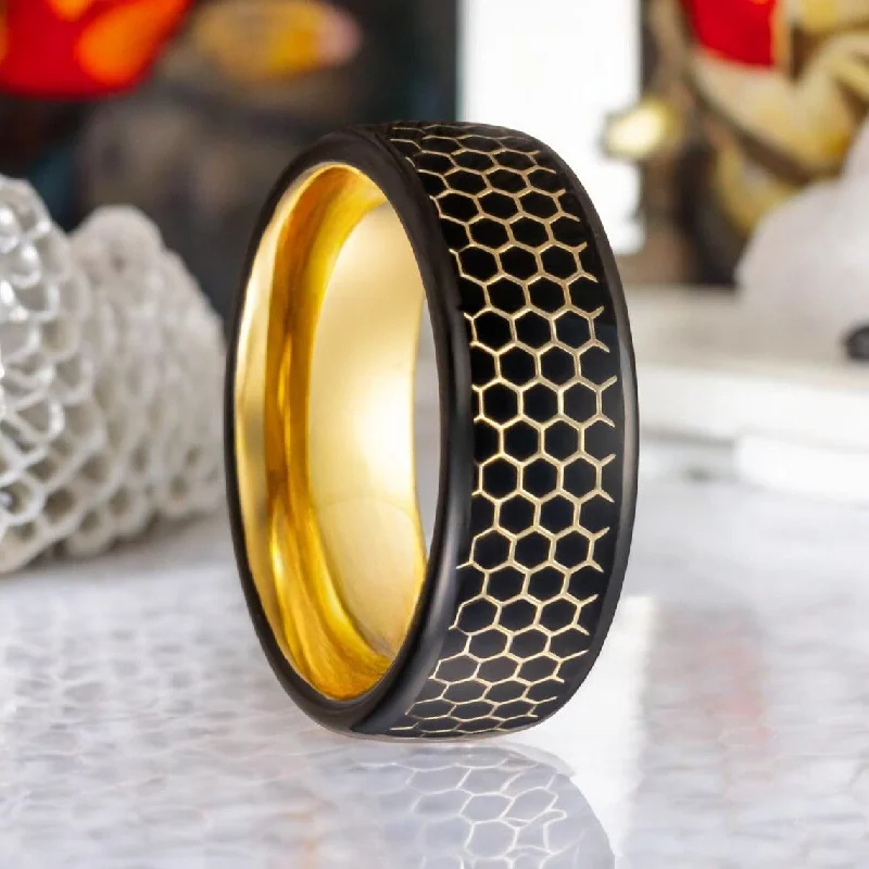 Women’s square-cut ring-ALTIN | Gold Tungsten Ring, Black Resin Honeycomb Design Inlay, Domed