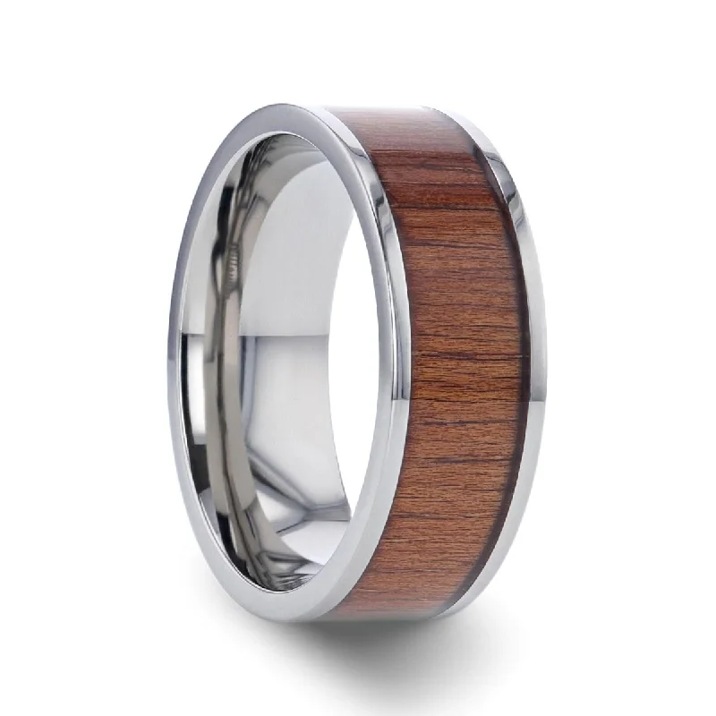 Women’s geometric design ring-HONUA | Silver Titanium Ring, Koa Wood Inlay, Flat