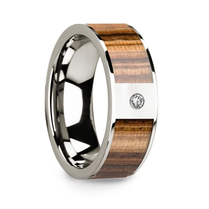 Women’s elegant engagement rings-14k White Gold Men's Wedding Band with Zebra Wood Inlay & Diamond