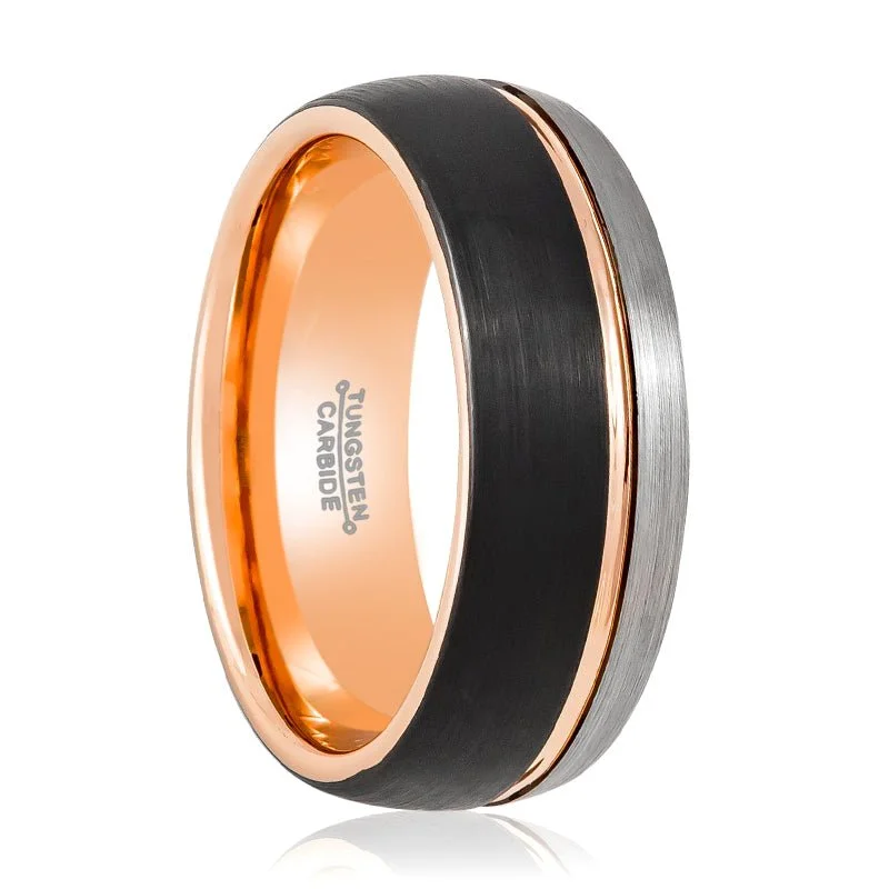 Women’s pear-shaped ring-MATTHIAS | Tungsten Ring Three Tone Silver, Rose Gold & Black