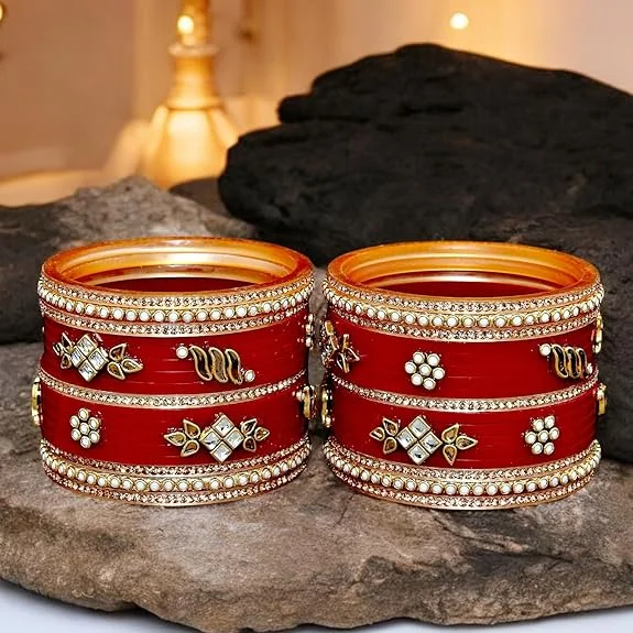 Women’s sparkling bangle-Tehzeeb Creations Bridal Bangle set Wedding punjabi chuda Designer chura Kundan Stone with Pearl Maroon Color choora