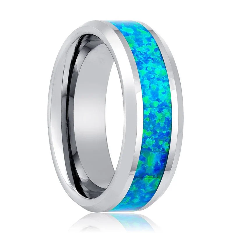 Women’s blue sapphire ring-GLEAMING | Tungsten Ring Synthetic Opal Inlay