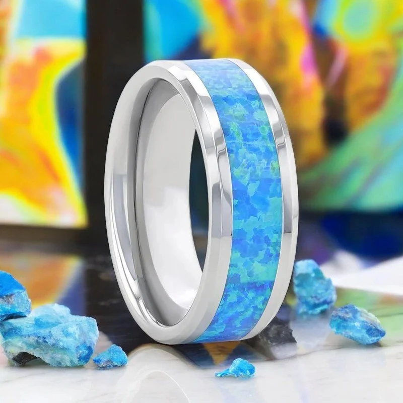 Women’s geometric ring-QUASAR | Tungsten Ring Blue Green Opal Inlay