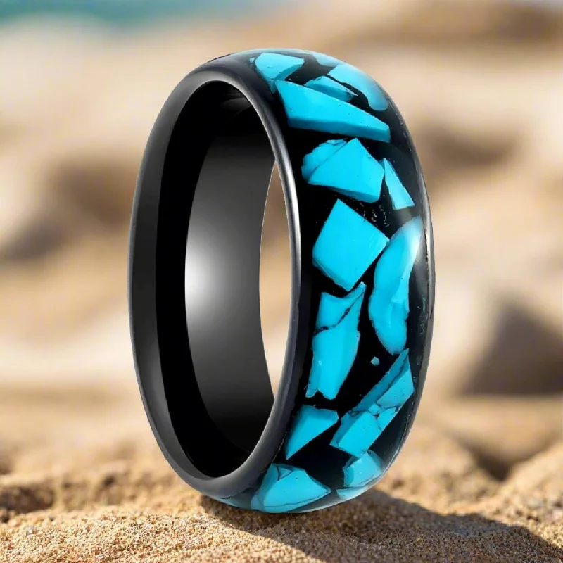 Women’s diamond infinity ring-ADONIS | Black Tungsten Ring Blue Turquoise Fragments Inlay