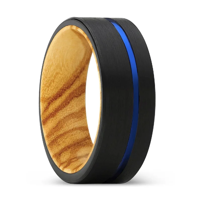 Women’s black diamond ring-ALPINE | Olive Wood, Black Tungsten Ring, Blue Offset Groove, Flat