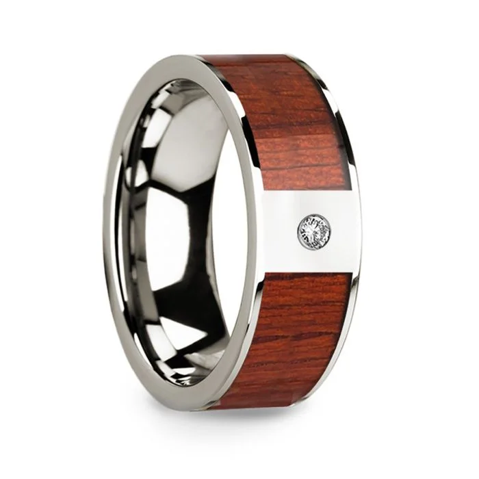 Women’s yellow diamond engagement rings-14k White Gold Men's Wedding Band with Padauk Wood Inlay & Diamond