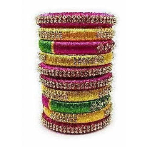 Women’s silver bracelet set-Handmade Silk Thread Colour Combination with Bangle Pink, Yellow & Green