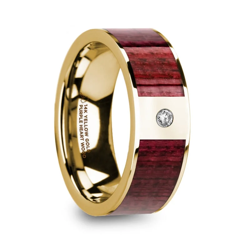 Women’s emerald cut engagement rings-14k Yellow Gold Men's Wedding Band with Purpleheart Wood Inlay & Diamond