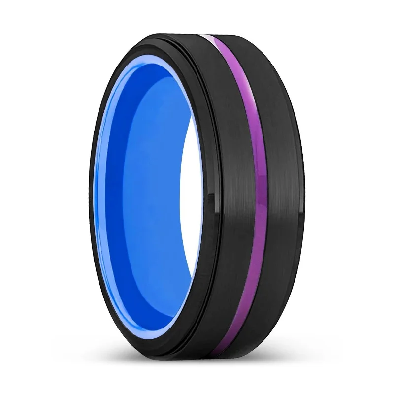 Women’s twisted band ring-CANBERRA | Blue Ring, Black Tungsten Ring, Purple Groove, Stepped Edge