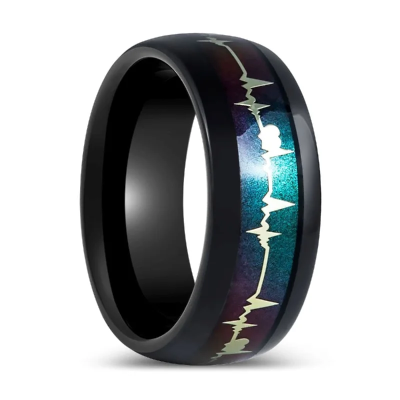 Women’s pear-shaped ring-MERKATOS | Black Tungsten Ring with Rainbow and EKG Cutout