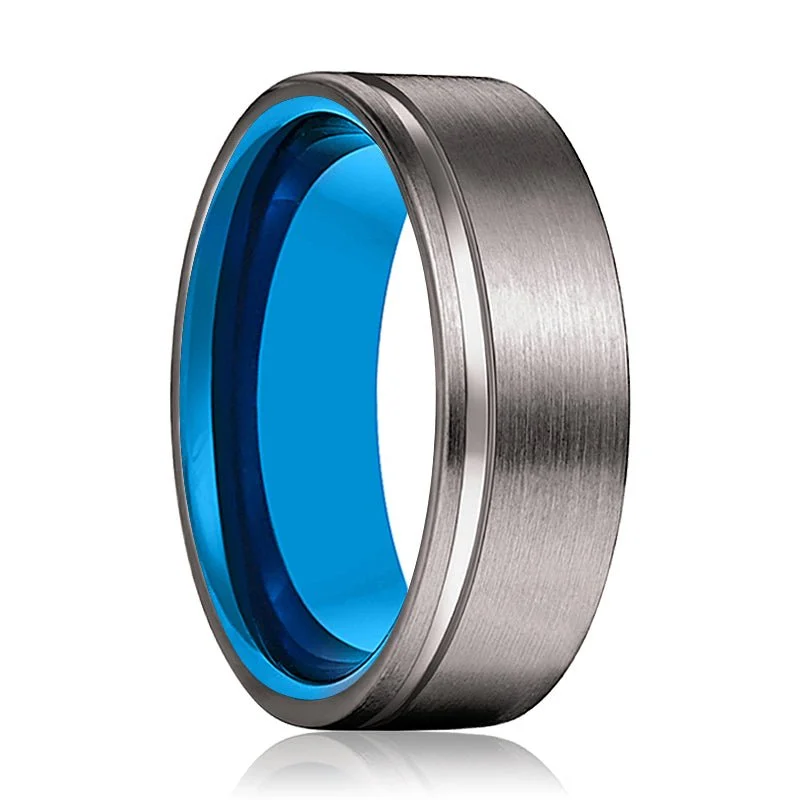 Women’s heart-shaped ring-AZRAQ | Blue Tungsten Ring, Gunmetal Tungsten Offset Groove