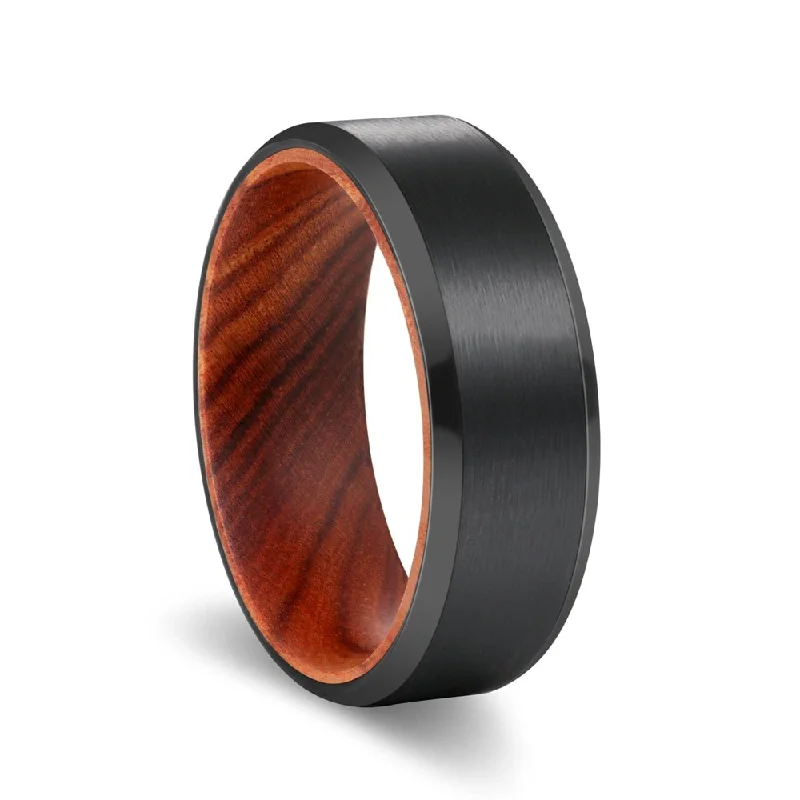 Women’s blue sapphire ring-MITRE | Iron Wood, Black Tungsten Ring, Brushed, Beveled