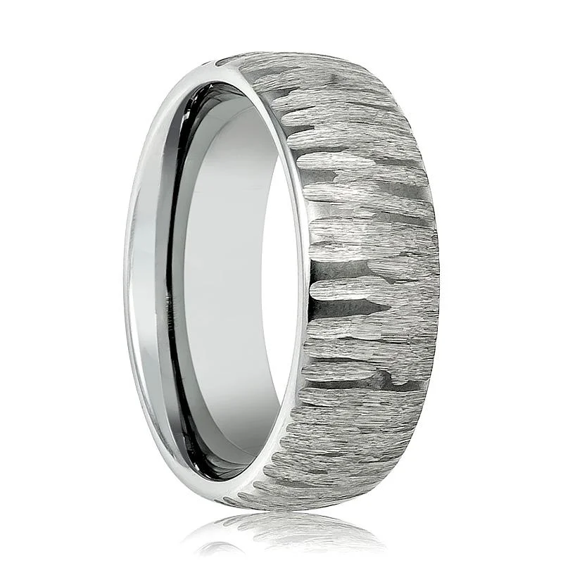 Women’s luxurious diamond ring-ARBORIX | Silver Tungsten Ring, Tree Bark Carved Textured, Domed