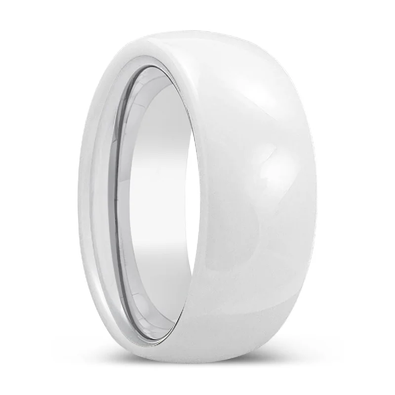 Women’s platinum ring-ALABASTER | Silver Ring, White Ceramic Ring, Domed