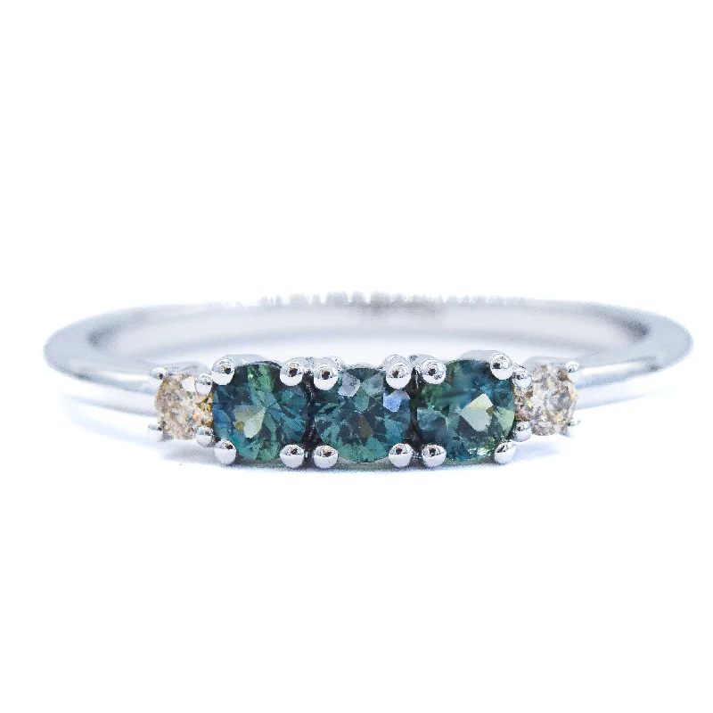 Women’s vintage-inspired engagement rings-Straight Sapphire and Diamond Band | Triple teal sapphire and champagne diamonds in  14k white gold