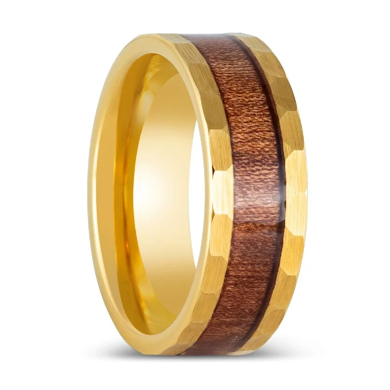 Women’s rose gold ring-OCTANS | Gold Tungsten Ring, Koa Wood Inlay, Flat