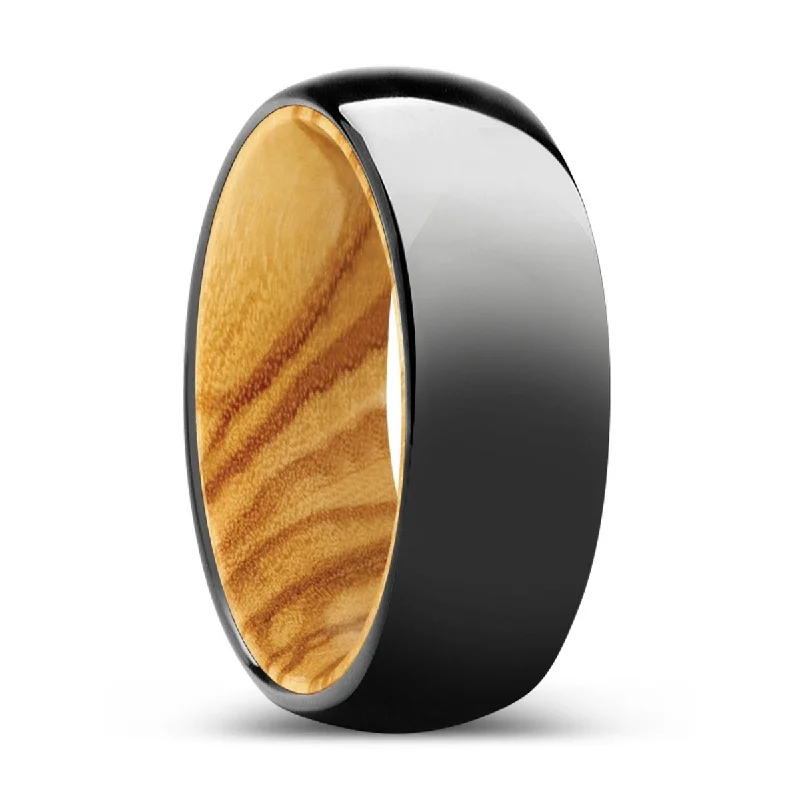 Women’s ruby ring-FORESTA | Olive Wood, Black Tungsten Ring, Shiny, Domed