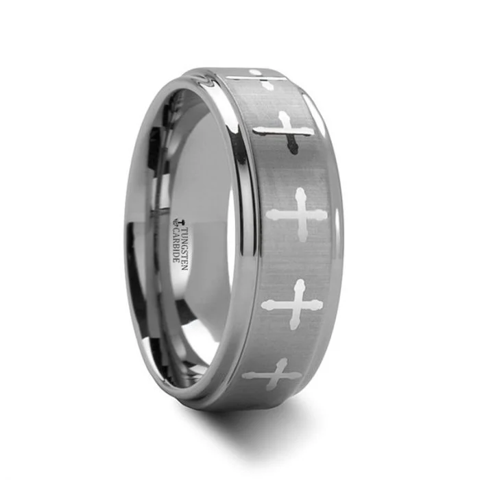 Women’s mixed metal ring-TRINITY | Tungsten Ring Engraved Crosses