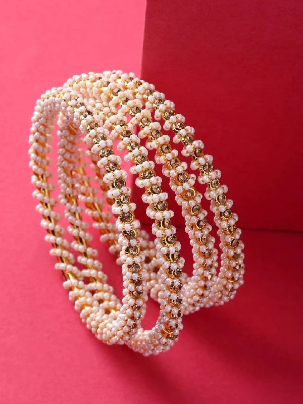 Women’s bangles-Gold-Plated Alloy Pearl And Rhinestones Studded Bangle Set - The Pari