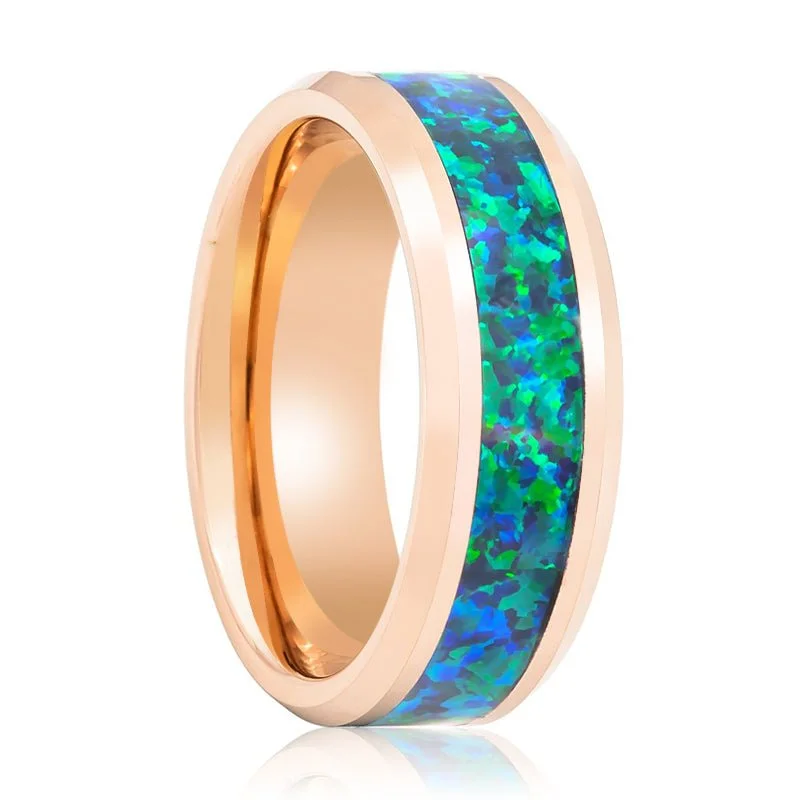 Women’s yellow gold ring-FUROR | Tungsten Ring Green Opal Inlay