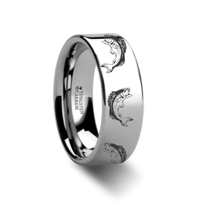 Women’s vintage ring-Bass Fish Jumping Sea Pattern Print Engraved Flat Couple Matching Wedding Ring - 4MM - 12MM