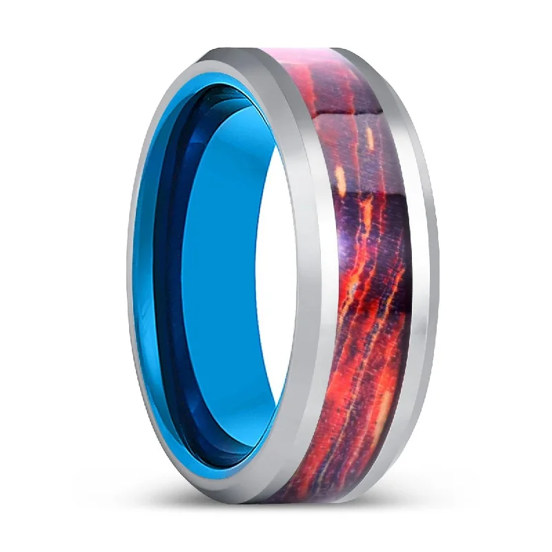 Women’s twisted band ring-INFINITH | Blue Tungsten Ring, Silver Tungsten, Galaxy Wood Inlay, Beveled