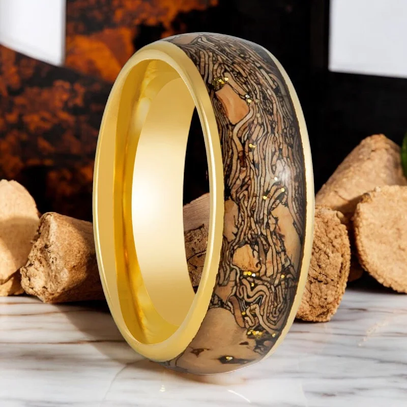 Women’s hammered gold ring-CORKSHINE | Gold Tungsten Ring, Cork and Gold Glitter Inlay, Domed