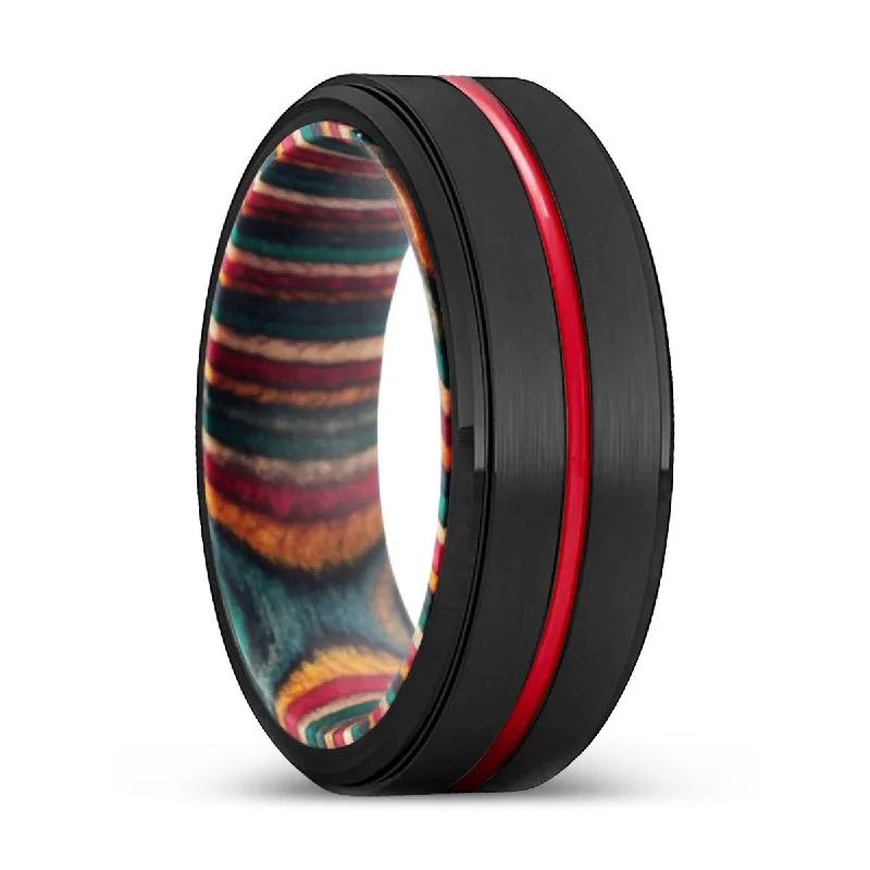 Women’s promise ring-HANDSOME | Multi Color Wood, Black Tungsten Ring, Red Groove, Stepped Edge